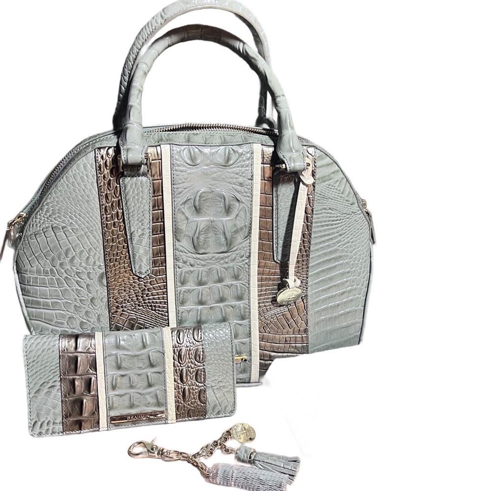 NWT Brahmin Hudson Silver Sage Tarama Satchel with matching wallet and t…